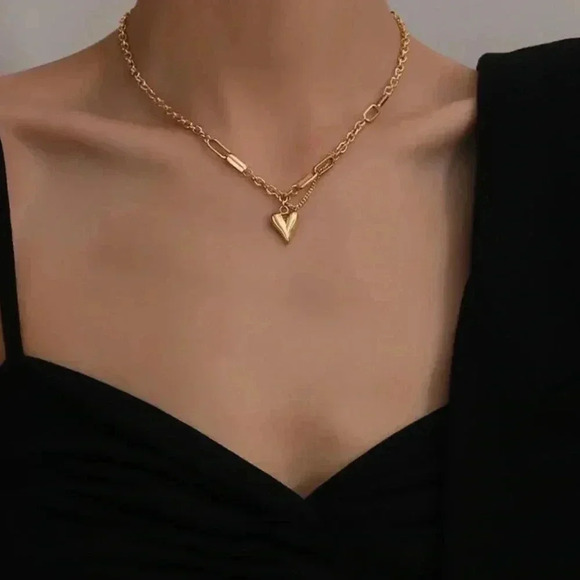 *NEW* 18K Gold Plated Stainless Steel  Heart Pendant Paperclip & O Link Necklace - Picture 4 of 9